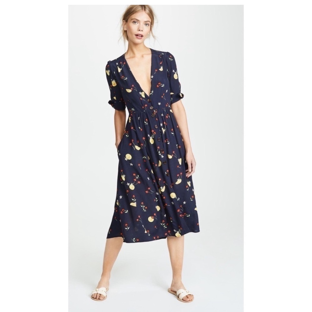 Anthropologie Capulet Adele  Lemon  Cherry MIDI Dress  Navy Background Size M